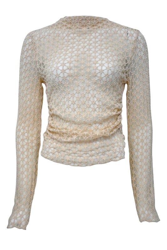 Beige Floral Mesh Ruched Side Top