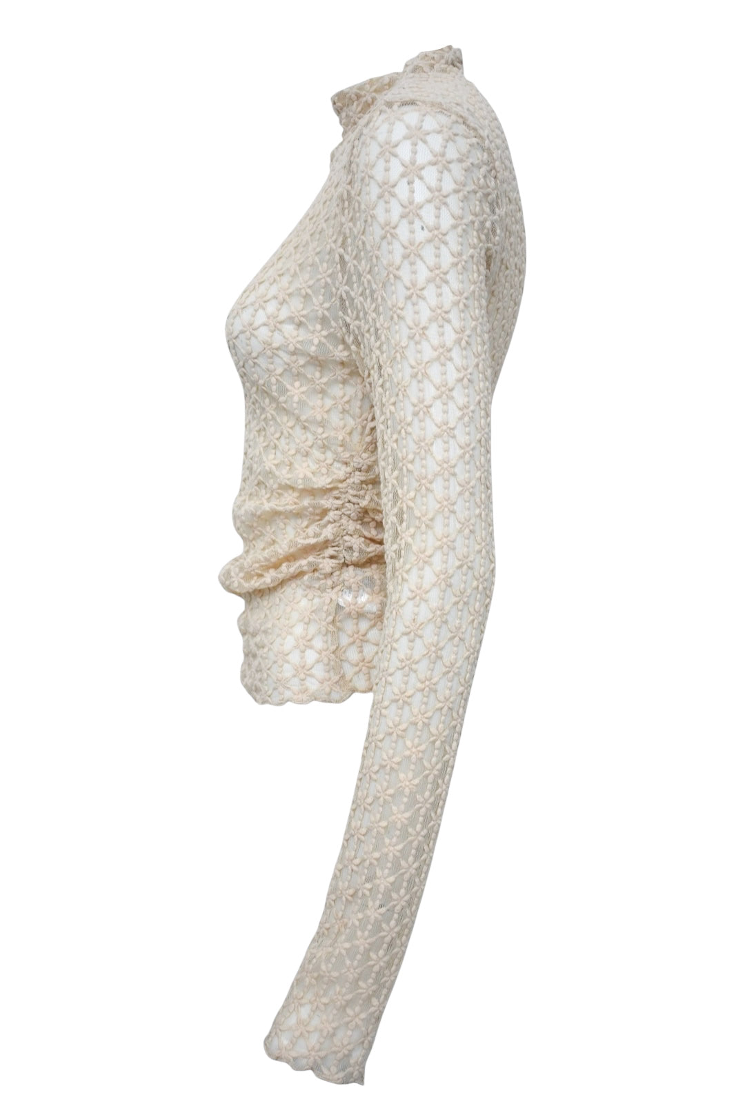 Beige Floral Mesh Ruched Side Top