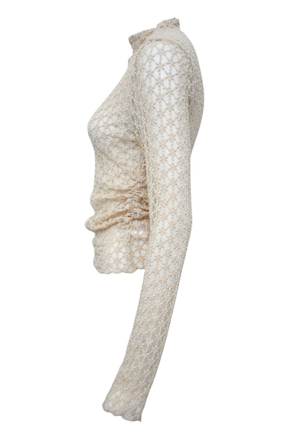 Beige Floral Mesh Ruched Side Top