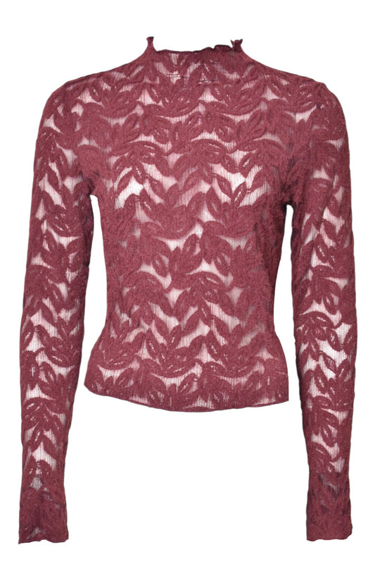 Burgundy Leaf Lace Sheer Top