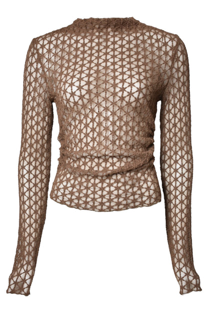 Camel Floral Mesh Ruched Side Top