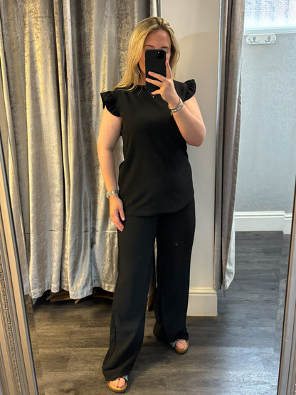 Black Frill Sleeve Wide Leg Trouser Co-ord