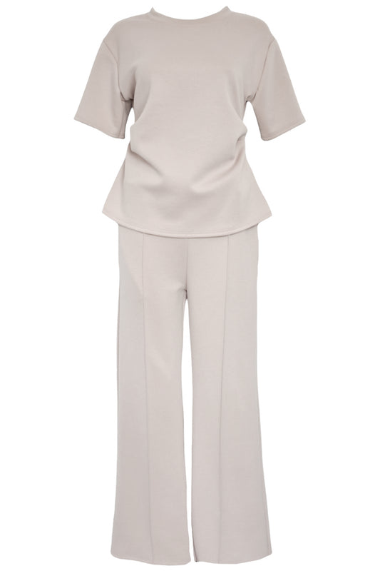 Beige Ruched Side T-Shirt & Wide Leg Loungesuit