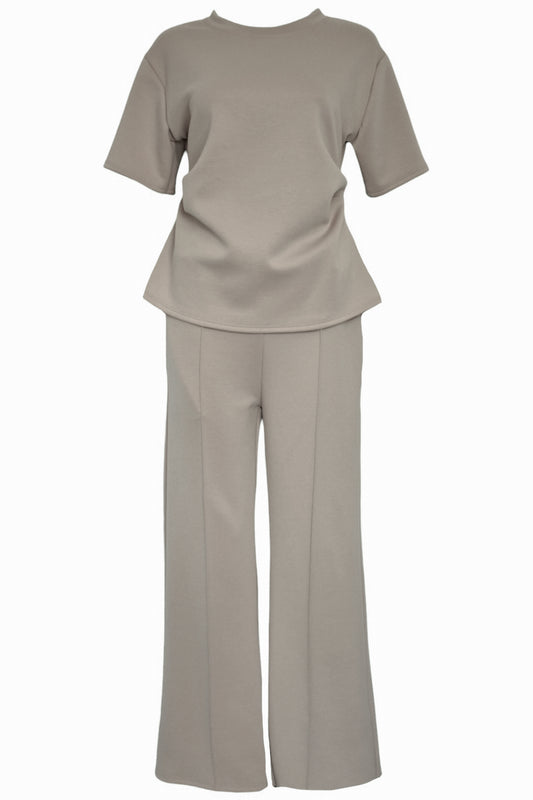 Taupe Ruched Side T-Shirt & Wide Leg Loungesuit by