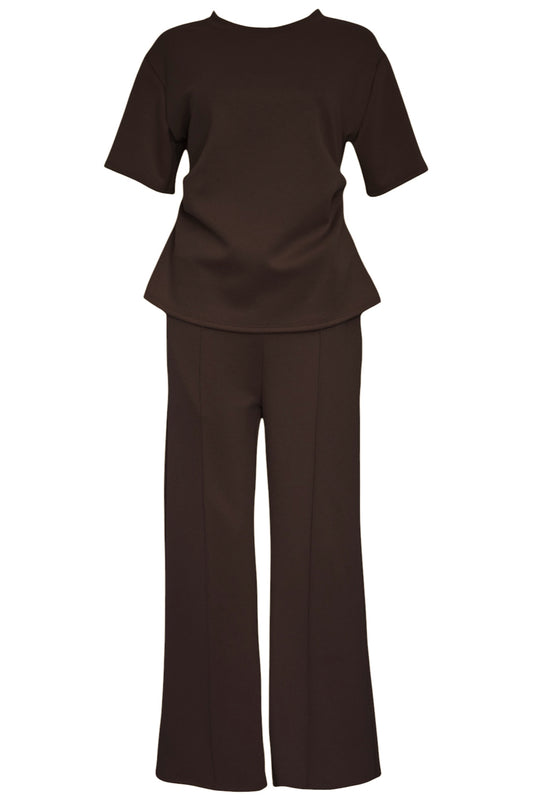 Brown Ruched Side T-Shirt & Wide Leg Loungesuit
