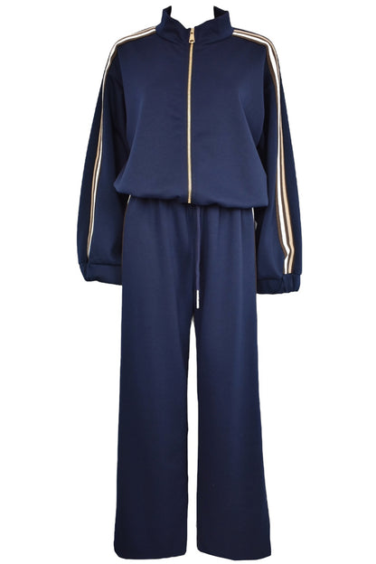 Navy & Brown Striped Zip Up Loungesuit