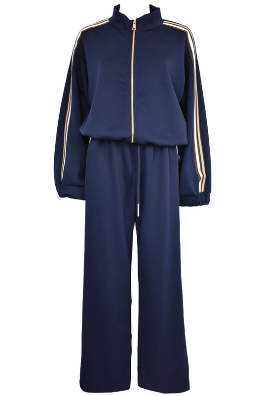 Navy & Brown Striped Zip Up Loungesuit
