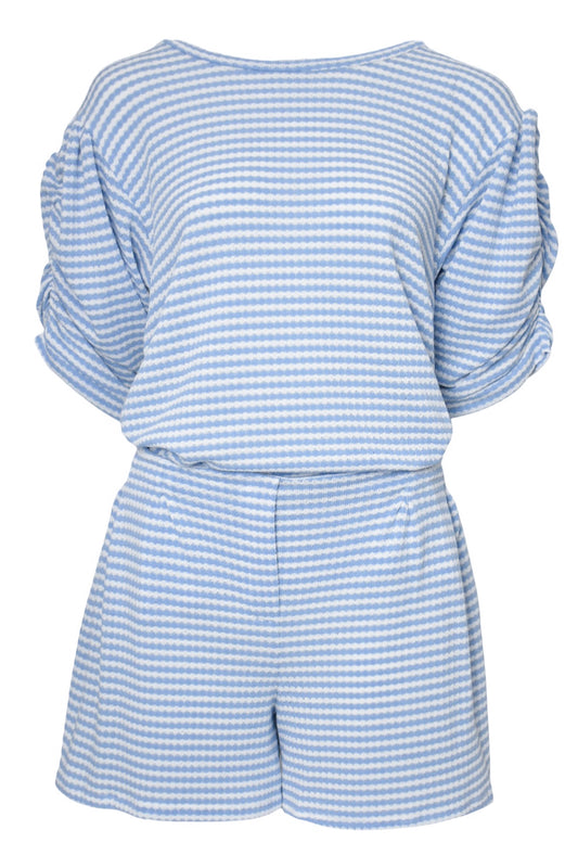 Blue Striped Ruched Sleeve Top & Shorts Co-ord