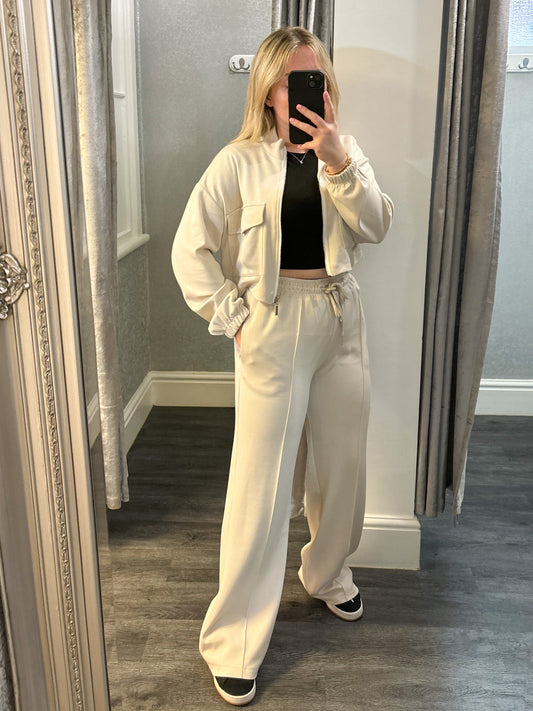 Beige Bomber Jacket Wide Leg Loungesuit