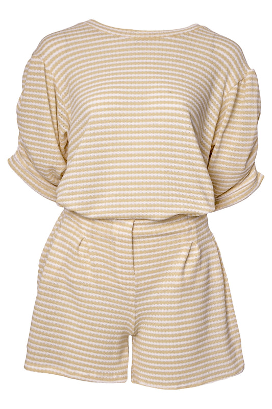 Beige Striped Ruched Sleeve Top & Shorts Co-ord