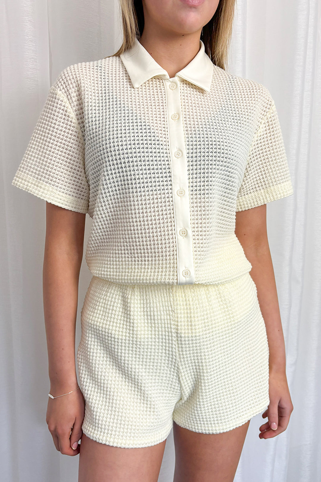 Cream Knitted Shirt & Shorts Co-ord