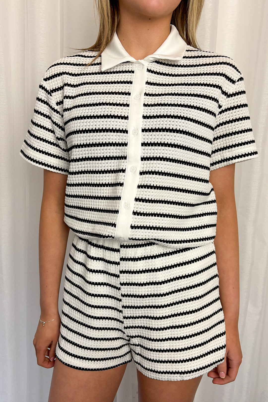 White & Black Striped Knitted Shirt & Shorts Co-ord
