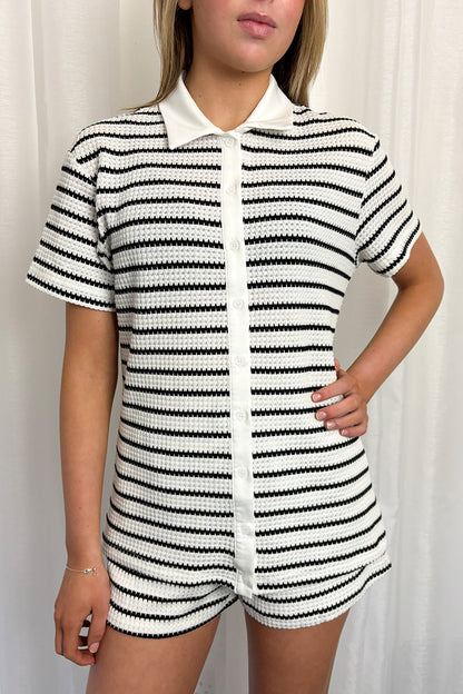 White & Black Striped Knitted Shirt & Shorts Co-ord