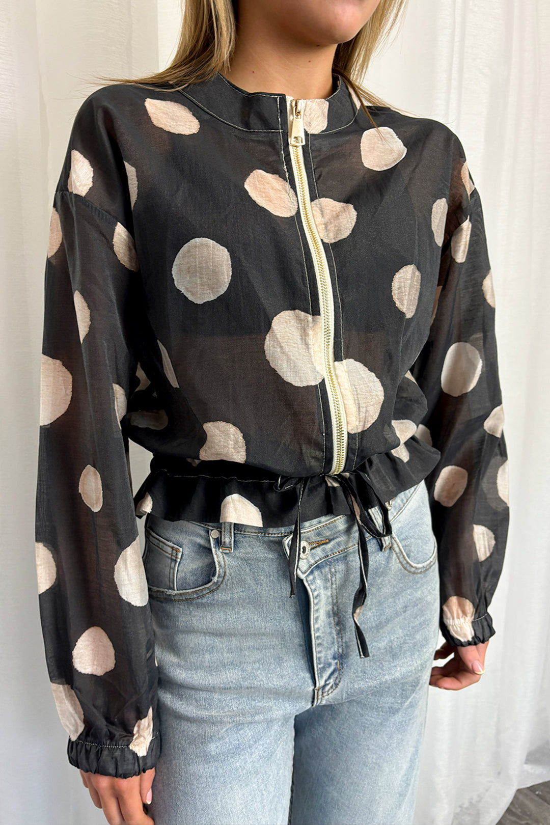 Black & Cream Spotted Sheer Bomber Jacket