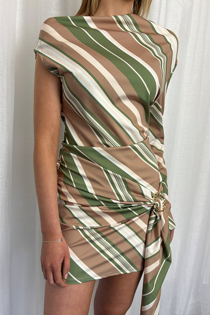 Khaki & Taupe Striped  One Shoulder Drape Dress