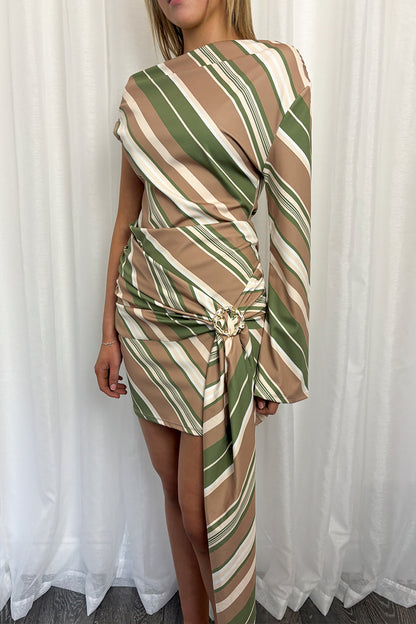 Khaki & Taupe Striped  One Shoulder Drape Dress