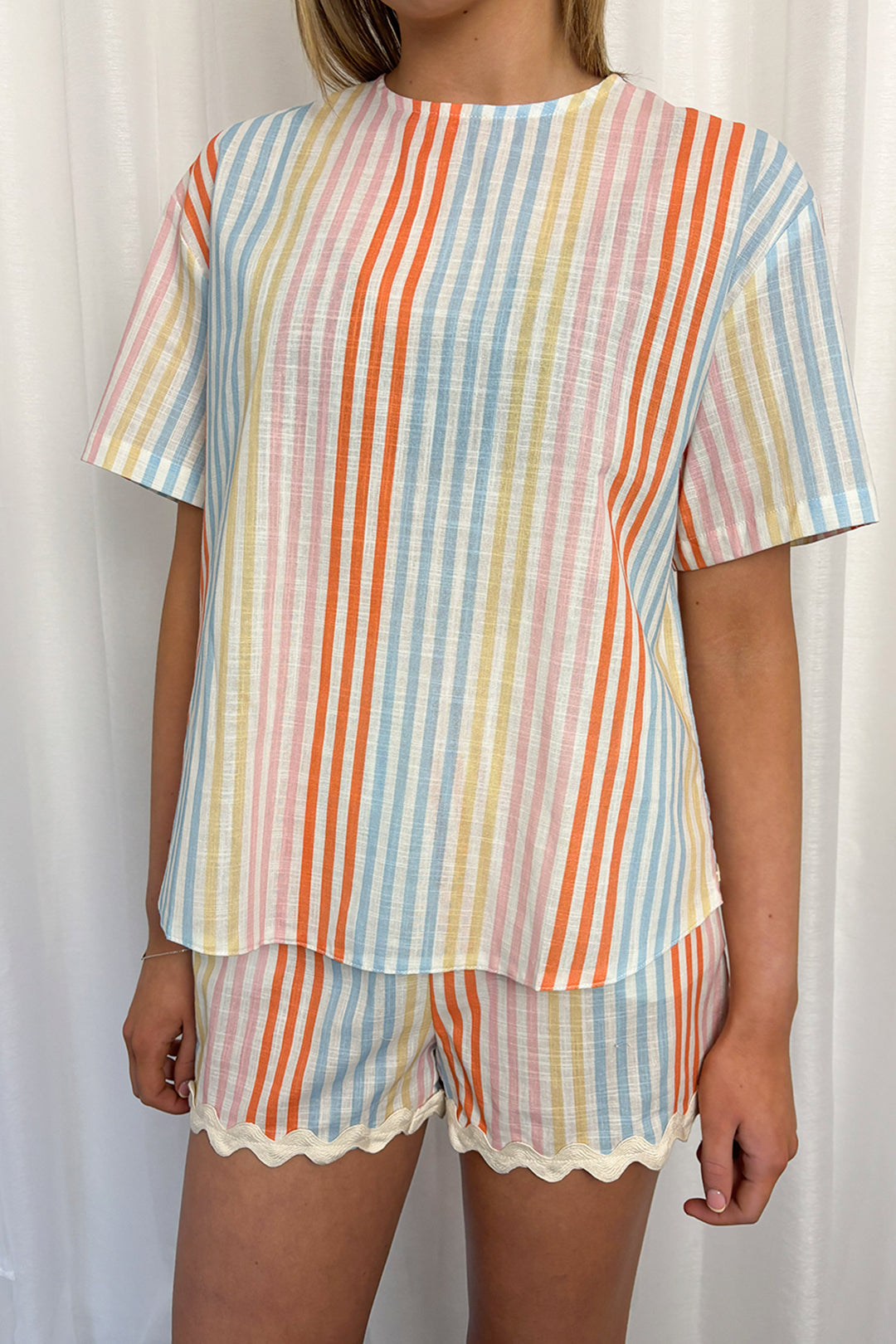 Pastel Striped Scalloped Crossover Back Shorts Co-ord