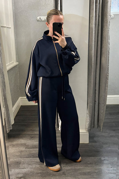 Navy & Brown Striped Zip Up Loungesuit