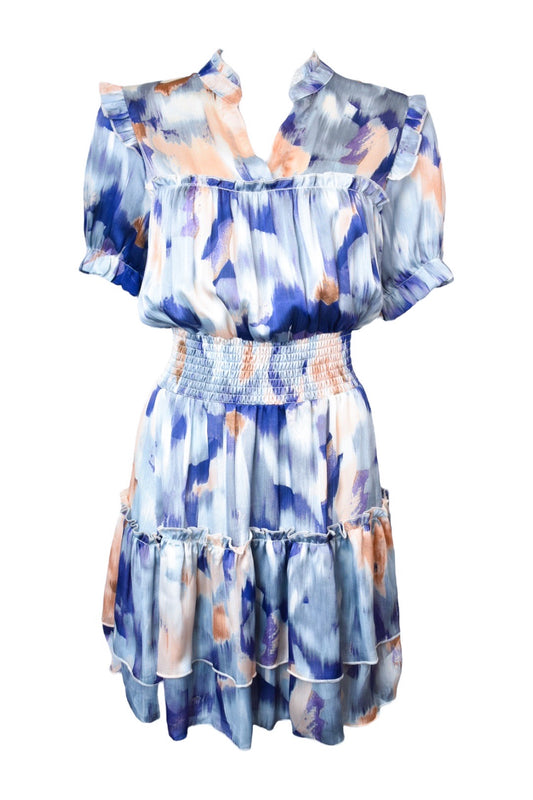 Blue & Peach Smudge Print Frill Hem Dress