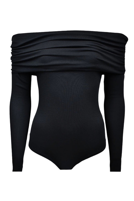 Black Ruched Bardot Bodysuit