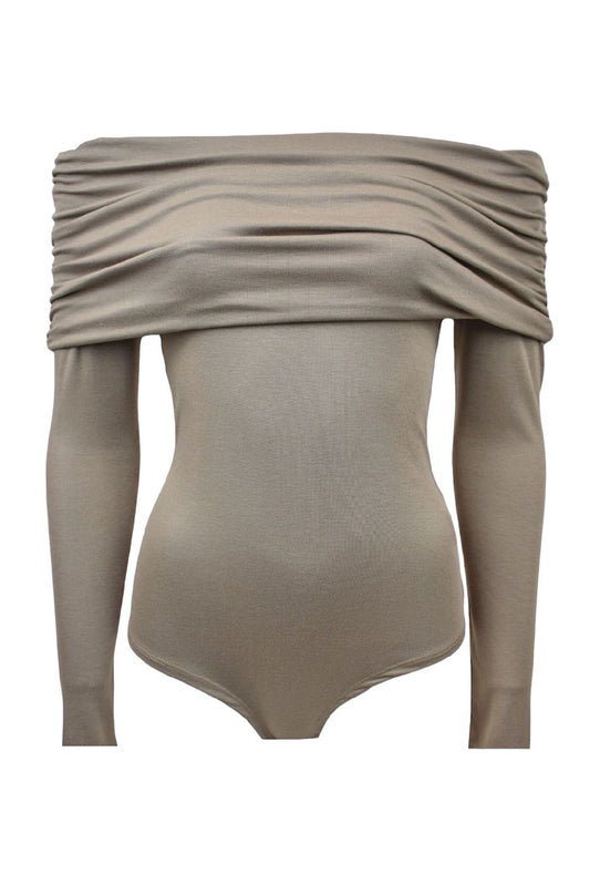 Taupe Ruched Bardot Bodysuit