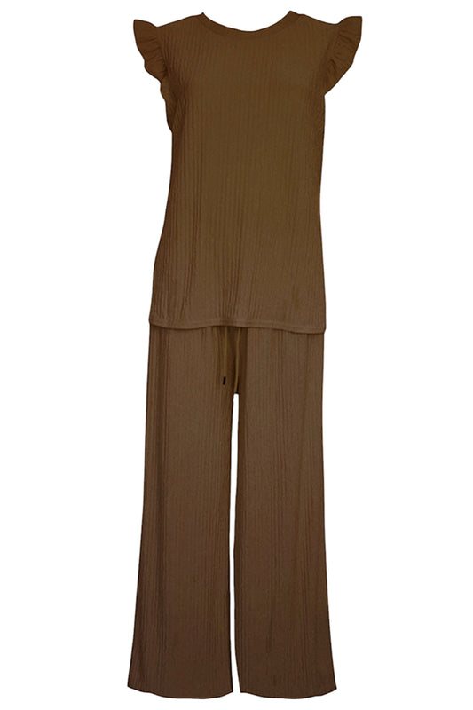 Brown Crinkle Frill Sleeve Top & Trousers Co-ord