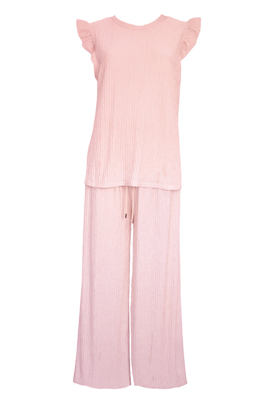 Pink Crinkle Frill Sleeve Top & Trousers Co-ord