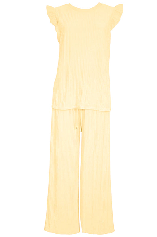 Lemon Crinkle Frill Sleeve Top & Trousers Co-ord
