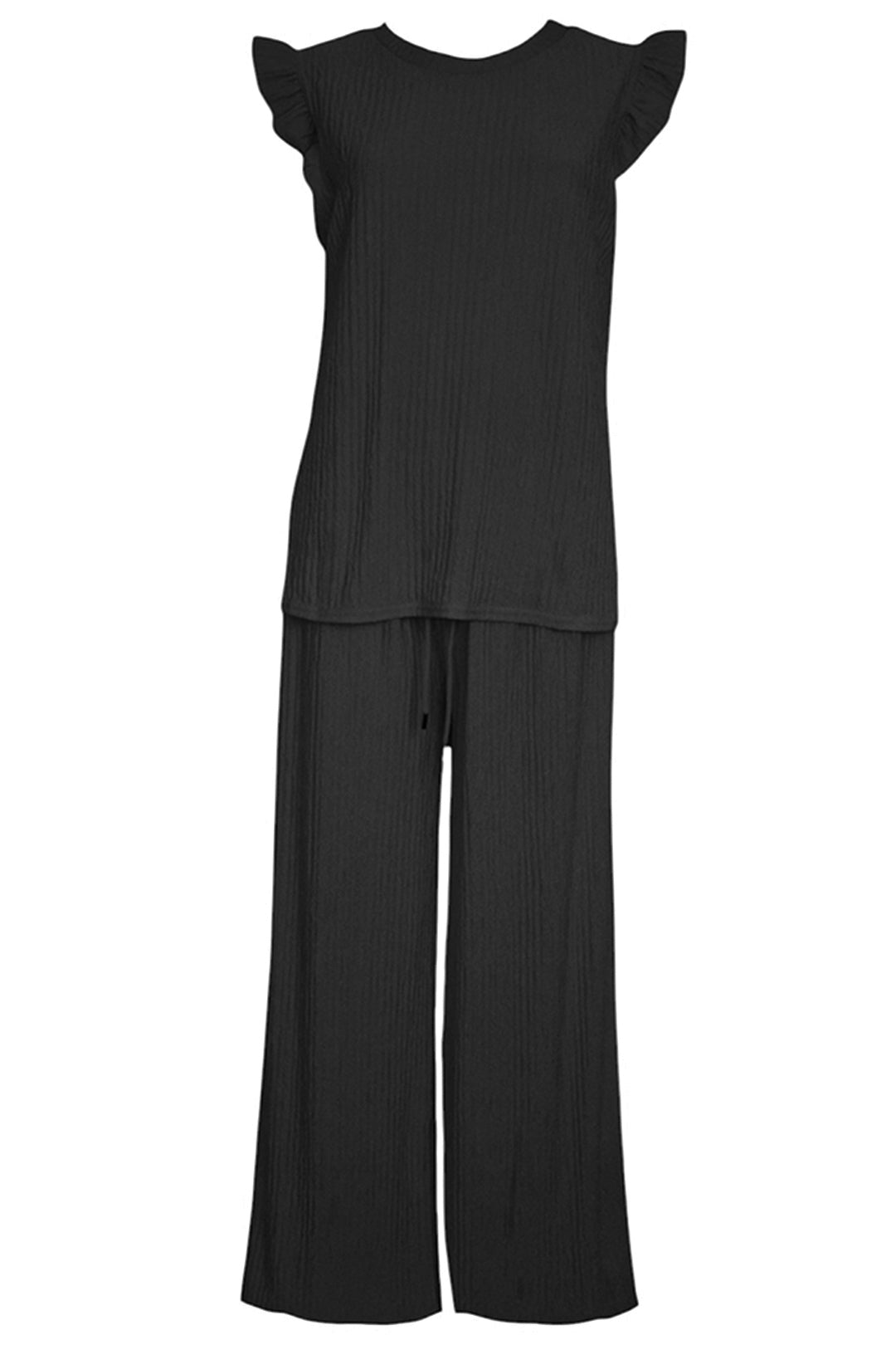 Black Crinkle Frill Sleeve Top & Trousers Co-ord