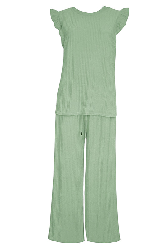 Sage Crinkle Frill Sleeve Top &  Trousers Co-ord