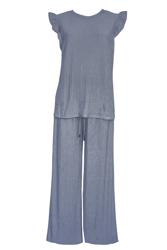 Grey Crinkle Frill Sleeve Top & Trousers Co-ord