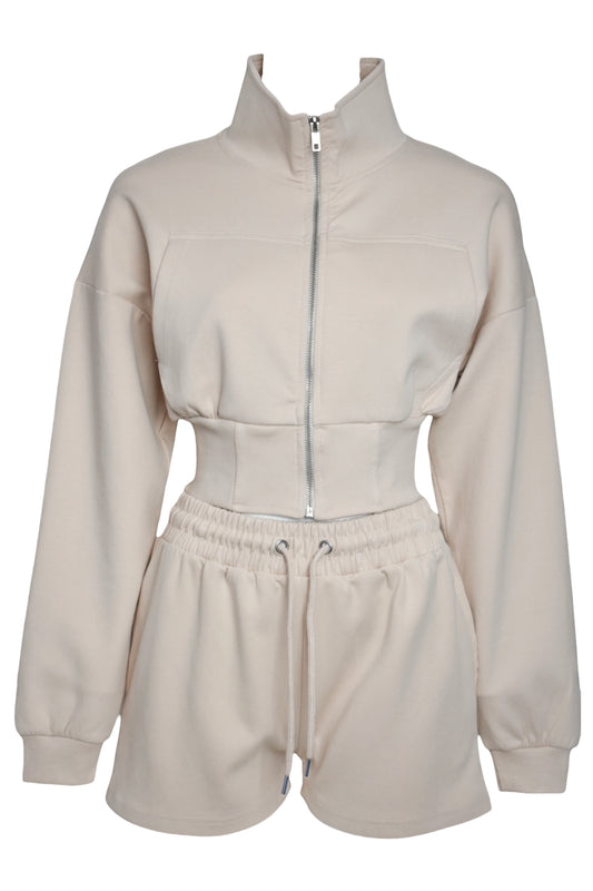 Beige Cropped Jacket & Shorts Co-ord