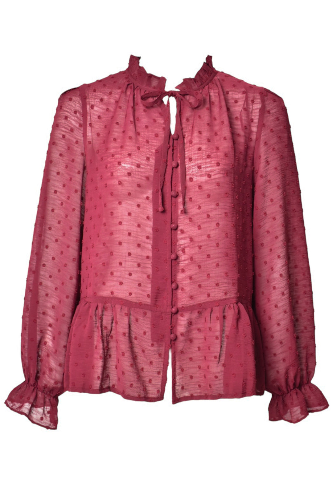 Burgundy Polka Dot Sheer Frill Blouse