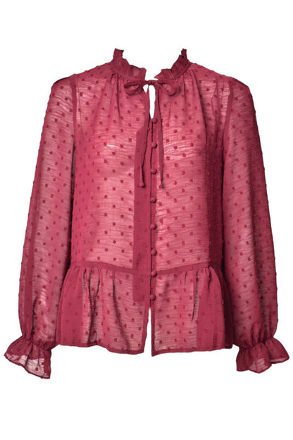 Burgundy Polka Dot Sheer Frill Blouse