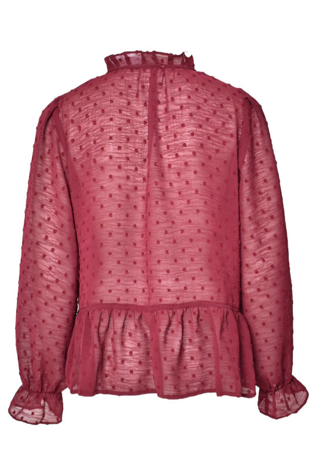 Burgundy Polka Dot Sheer Frill Blouse
