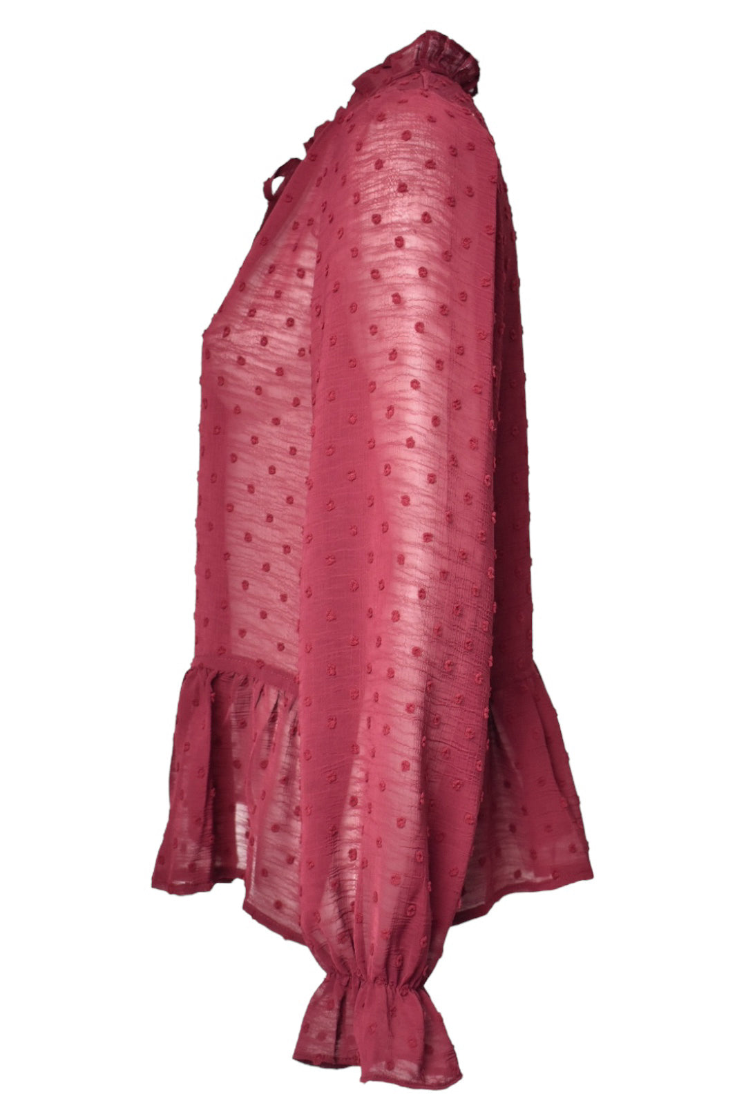Burgundy Polka Dot Sheer Frill Blouse