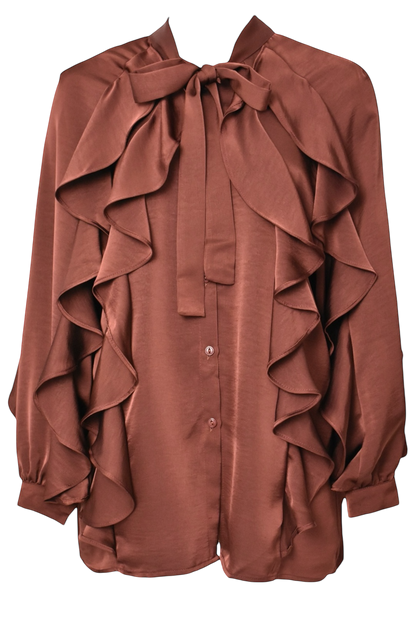 Rust Satin Frill Top & Wide Leg Trousers Co-ord