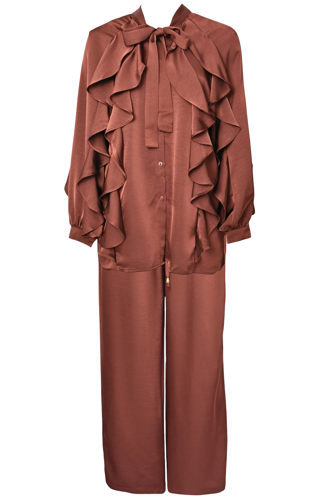Rust Satin Frill Top & Wide Leg Trousers Co-ord
