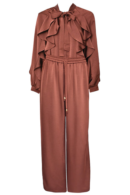 Rust Satin Frill Top & Wide Leg Trousers Co-ord