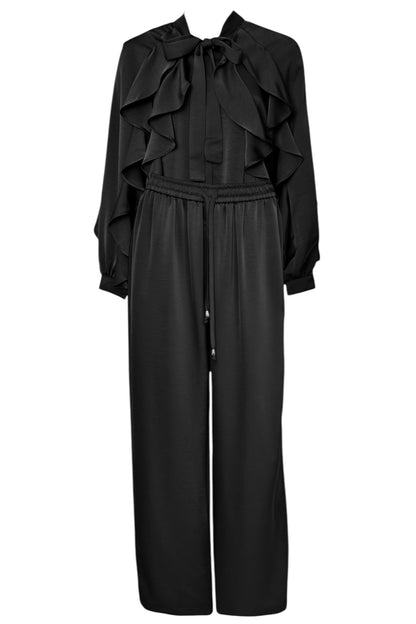 Black Satin Frill Top & Wide Leg Trousers Co-ord
