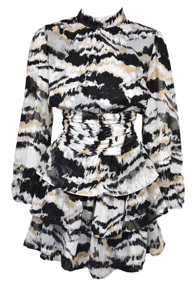 Black, White & Beige Abstract Tiered Dress
