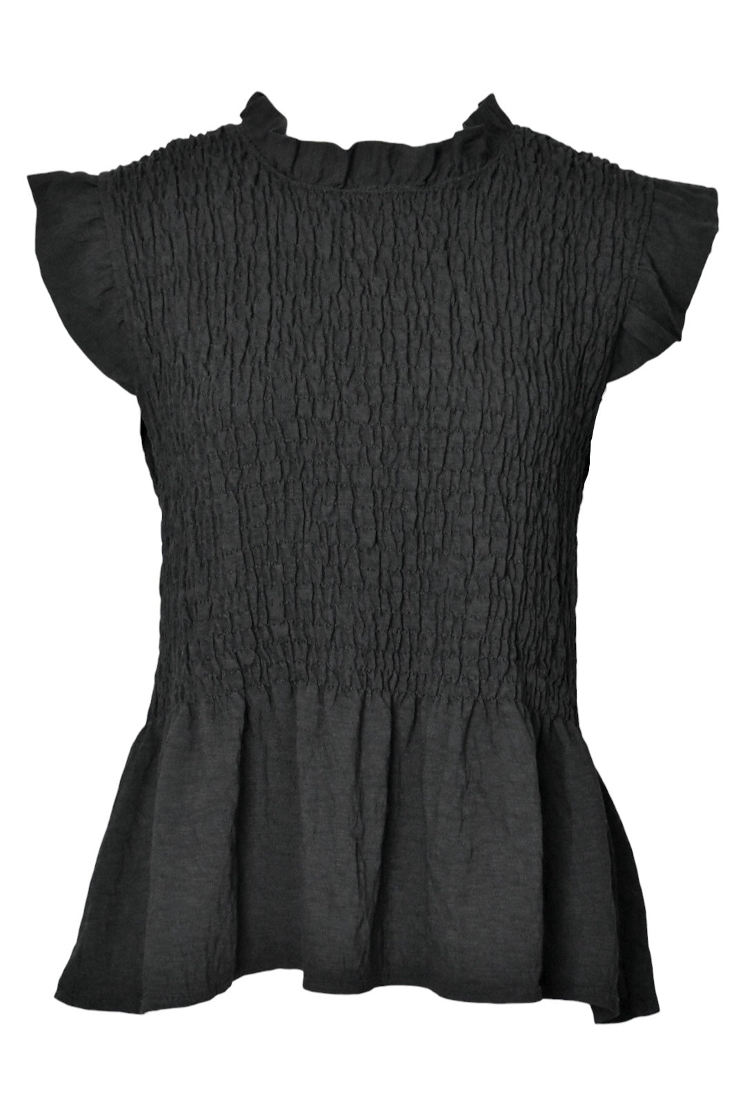 Black Shirred Peplum Frill Sleeve Top
