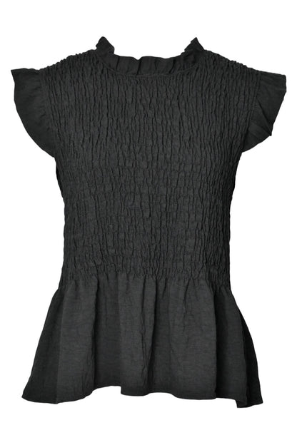 Black Shirred Peplum Frill Sleeve Top