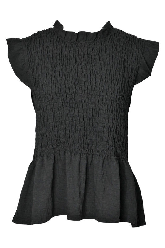 Black Shirred Peplum Frill Sleeve Top