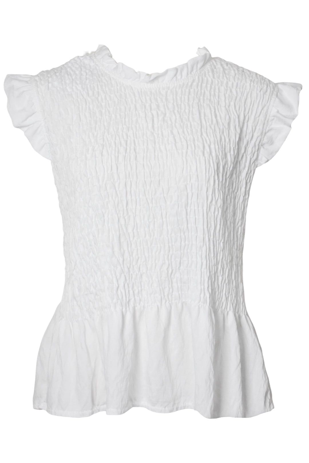 White Shirred Peplum Frill Sleeve Top