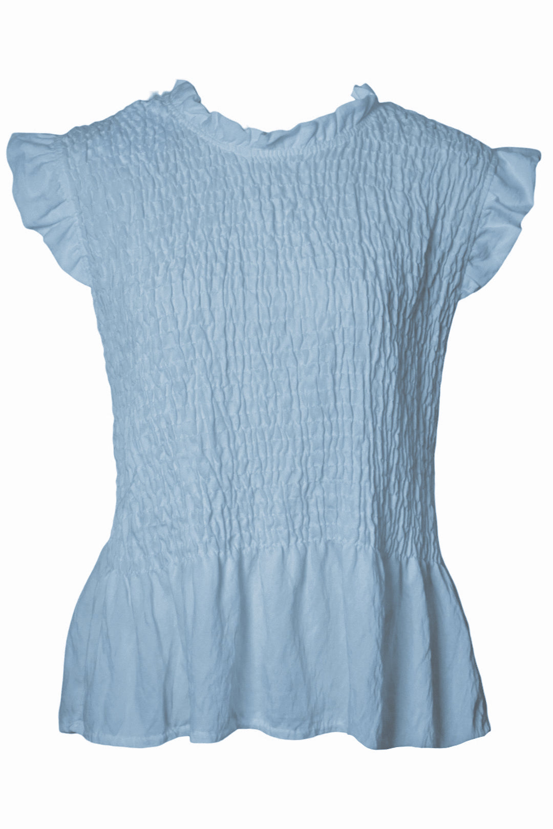 Blue Shirred Peplum Frill Sleeve Top