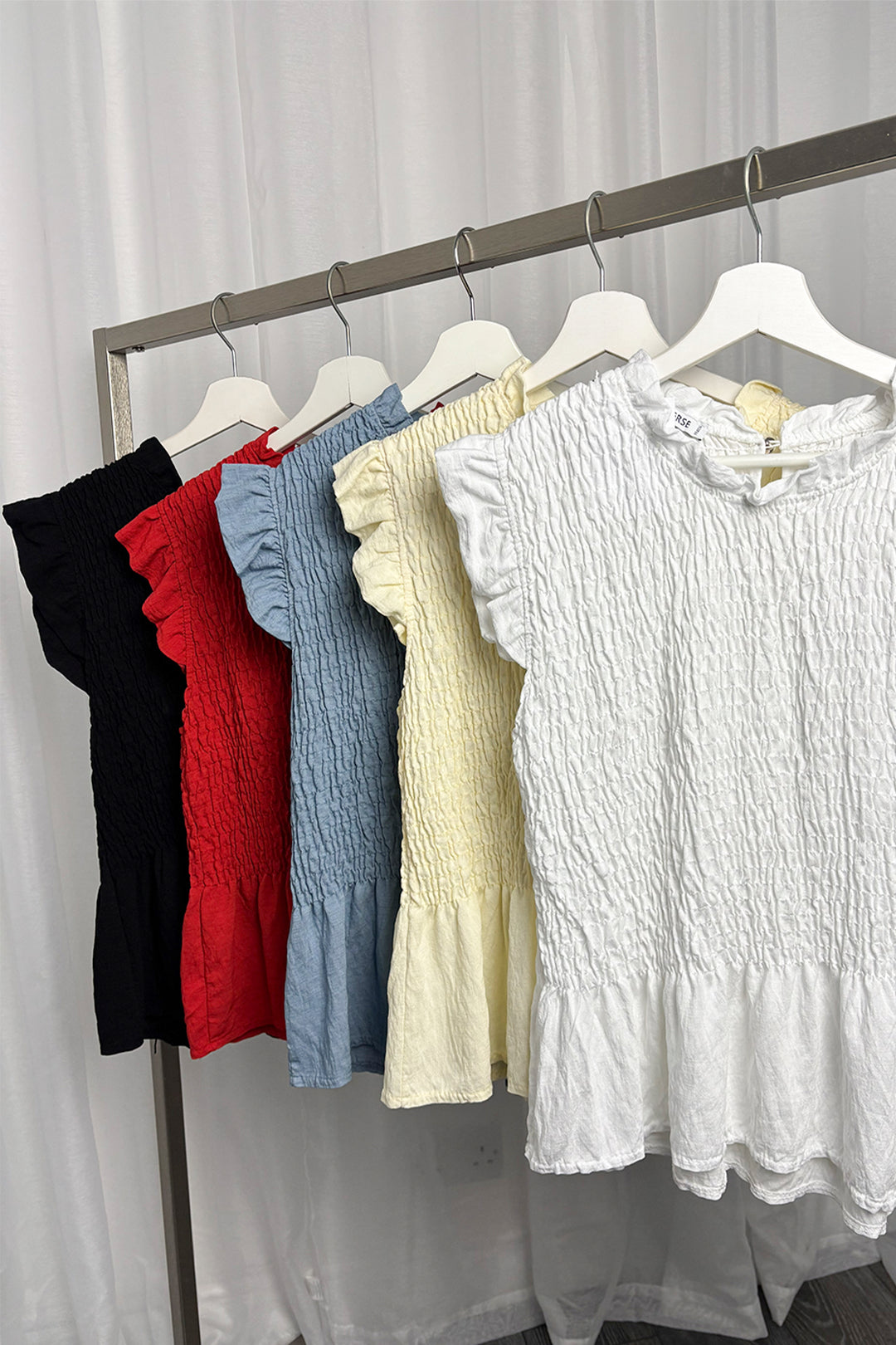 Blue Shirred Peplum Frill Sleeve Top