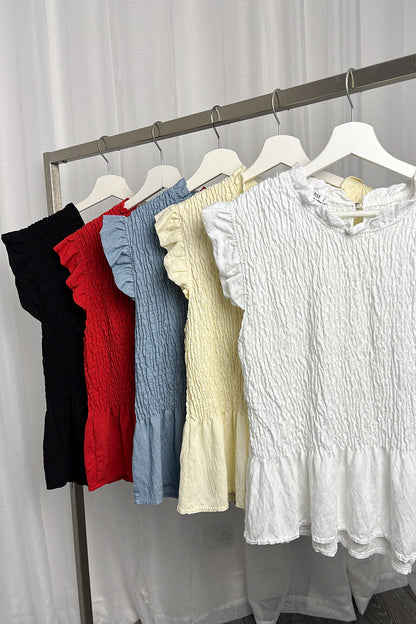 Blue Shirred Peplum Frill Sleeve Top