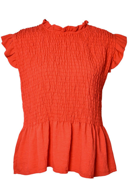 Red Shirred Peplum Frill Sleeve Top