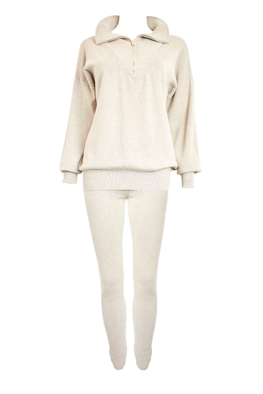 Beige Quarter Zip Knitted Loungesuit